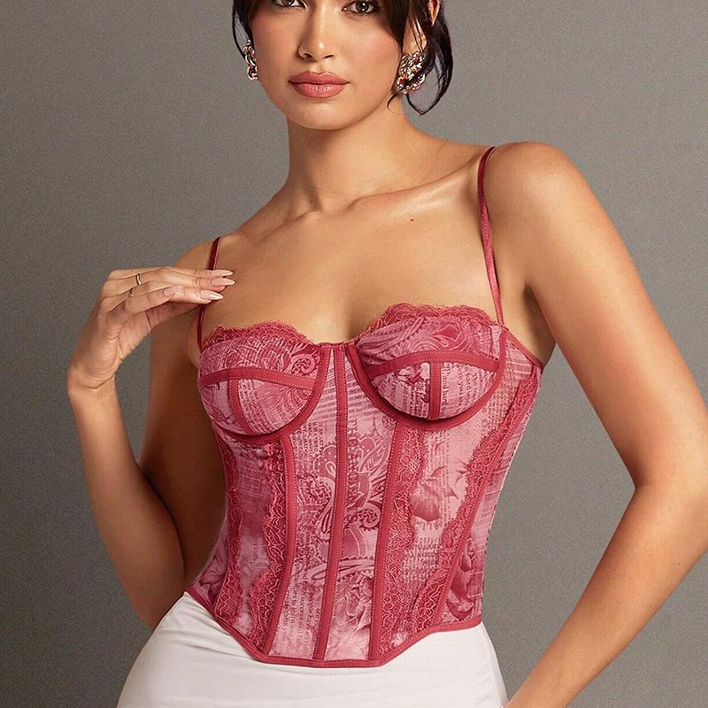 Graphic Print Lace Slim Fit Shoulder Straps Corset Top