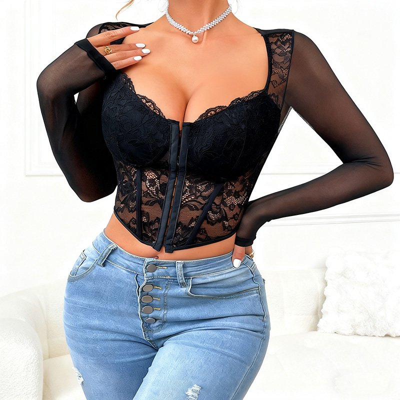 Lace Corset Top With Mesh Sheer Long Sleeves