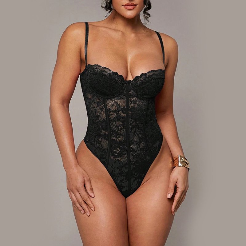 Lace Straps Sheer Tight-Fitting Long Sleeve bodysuits