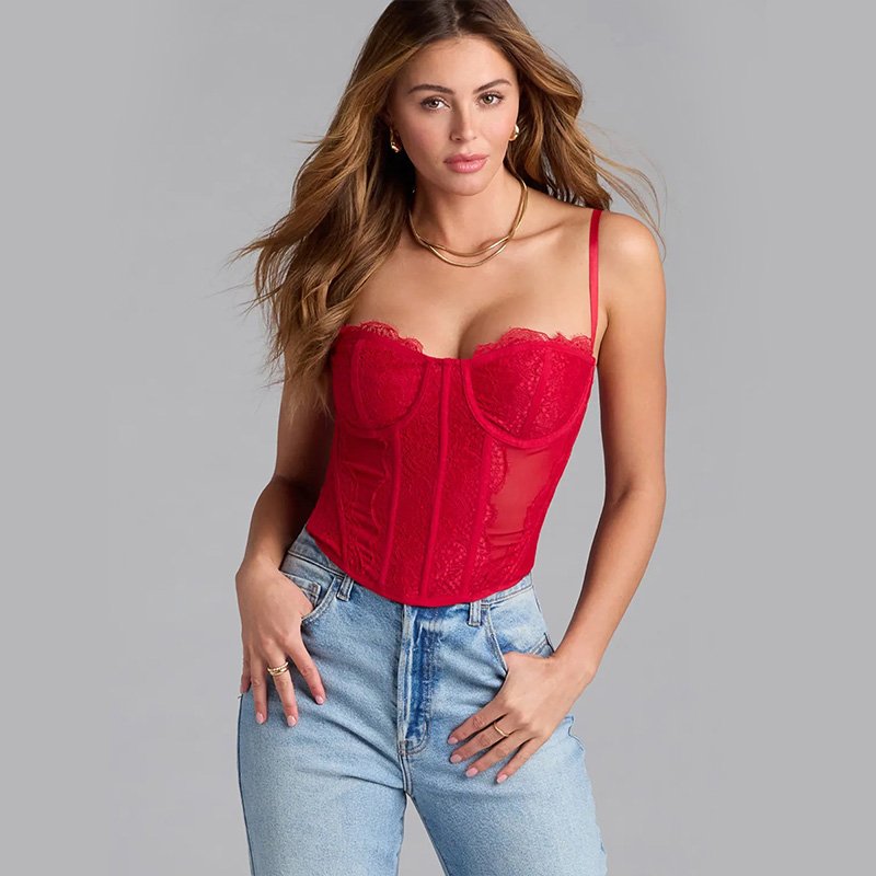 Lace and Mesh Knit Fabric Underwire Bust Corset Top