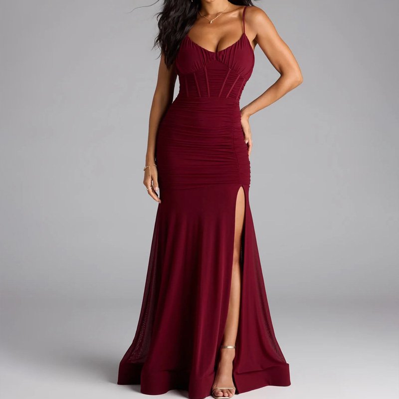 Mesh Fabric Adjustable straps Corset Formal Dress With Front Slit