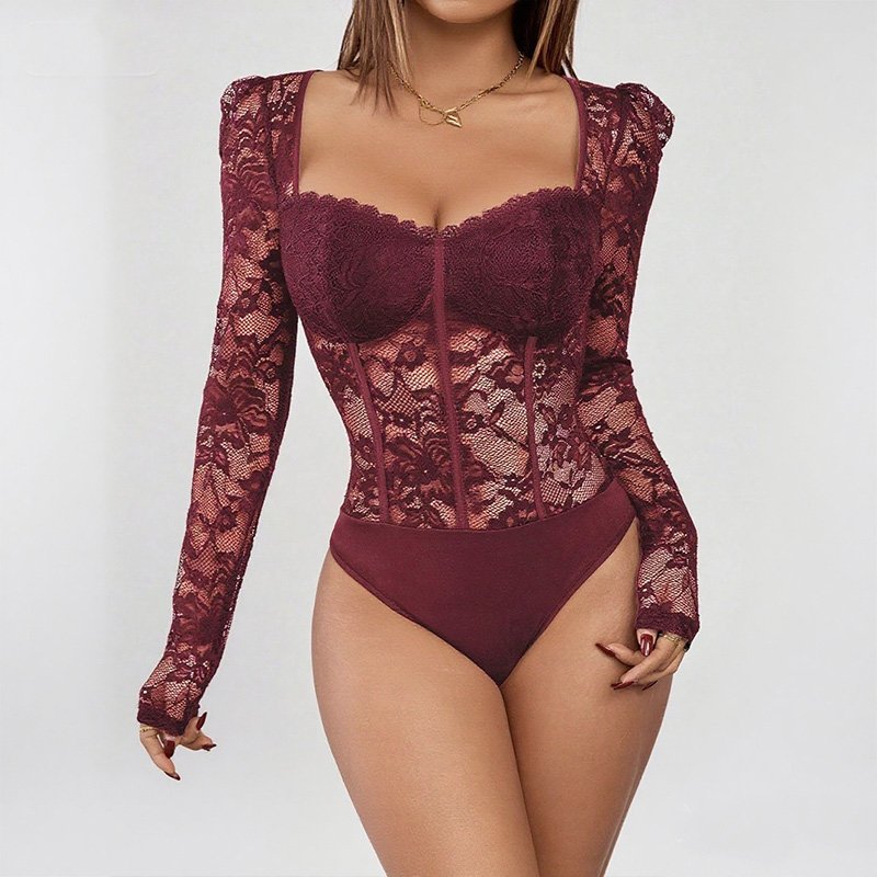 Slim Fit Long Sleeve Lace Patchwork Bodysuit