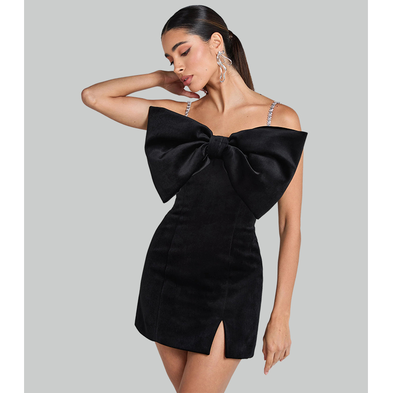 Black velvet Detachable Straps Bow Dress We Can Do