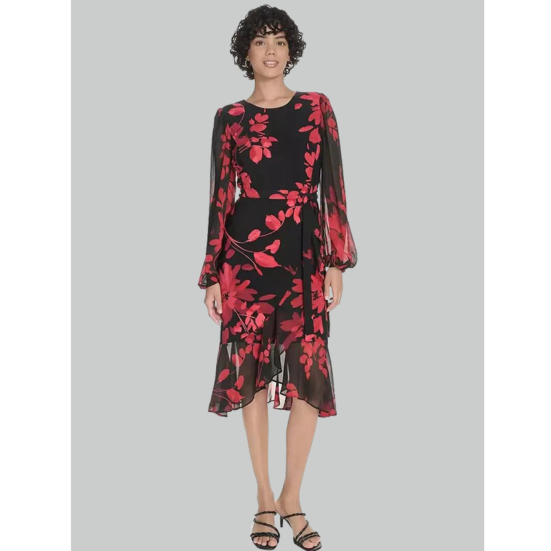 Women's Red Long Sleeves Flutter Hem Self Tie Midi Dress