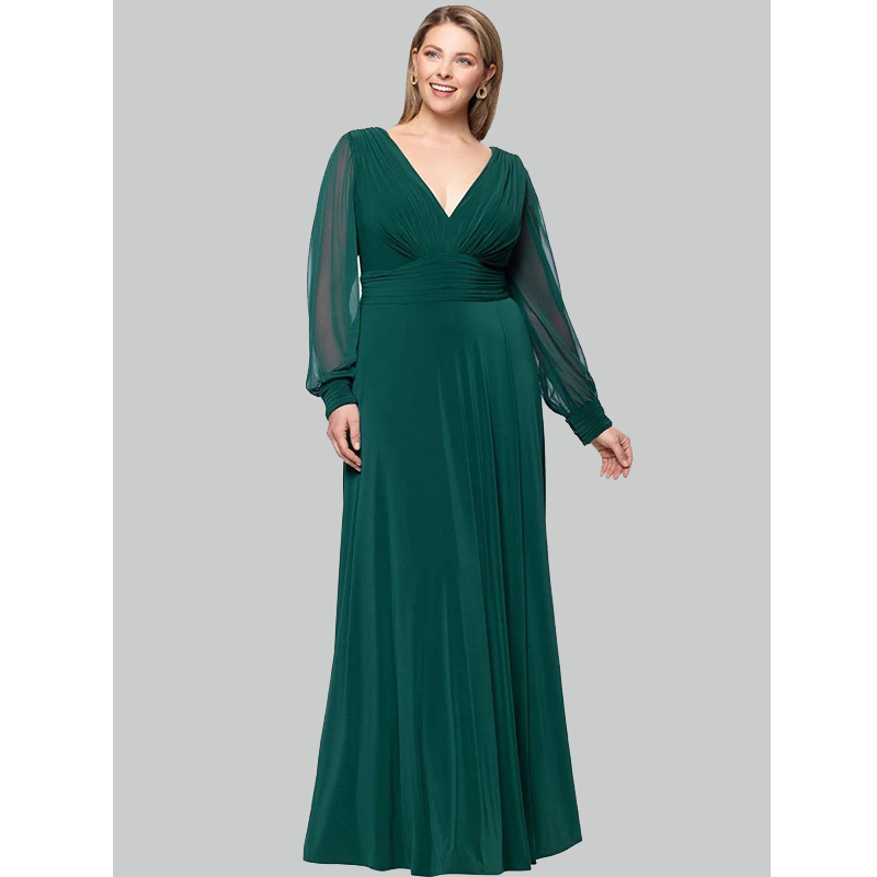 Women's Plus Size Long Sleeve V-Neck Chiffon Gown