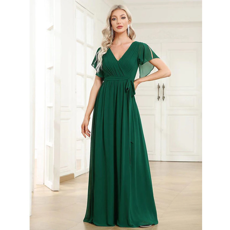 Flowy Pleated A-Line Chiffon Tie-Waist Bridesmaid Dress