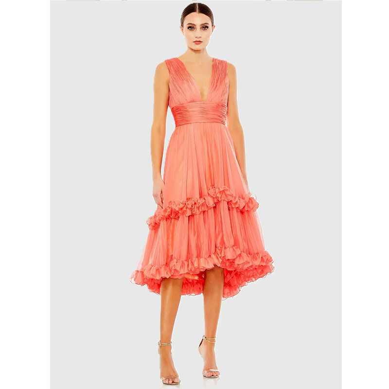Sleeveless Deep V-neck Ruffle Tiered Chiffon Midi Dress