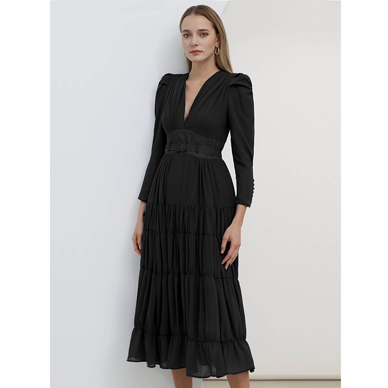 V-Neck Shirred Tiered Belted Chiffon Dress
