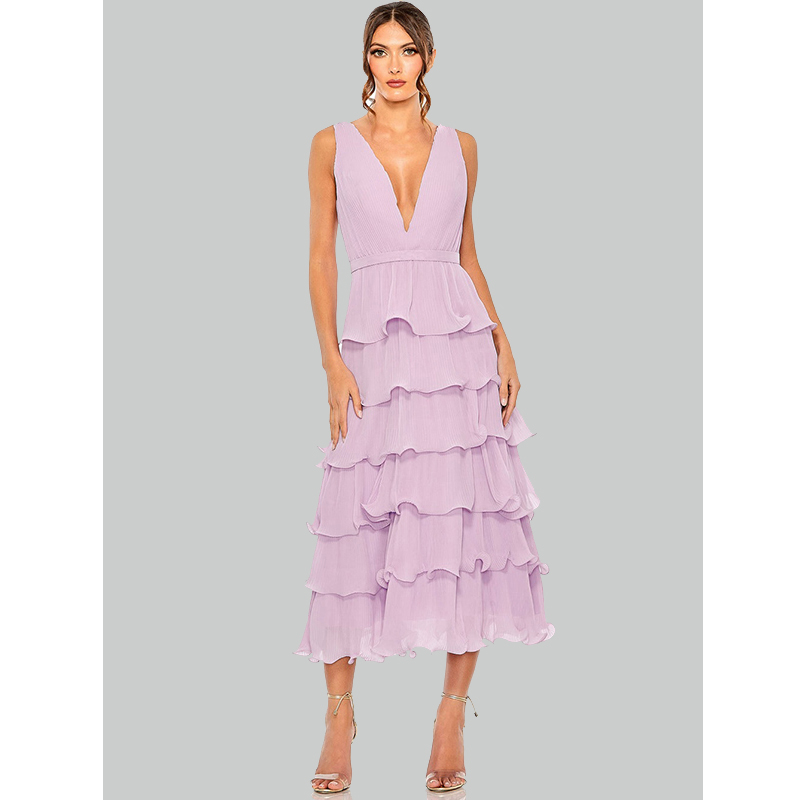 Purple Deep V Chiffon Sleeveless Ruffle Midi Dress