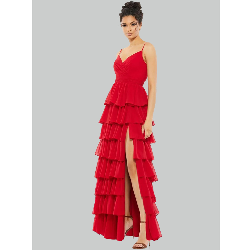 Sleeveless A-line Gown in Red Chiffon With a Ruffled Tiered Skirt And a Thigh-high Slit