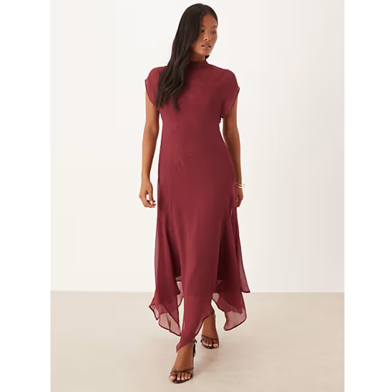 High Neck Handkerchief Hem Chiffon Maxi Dress