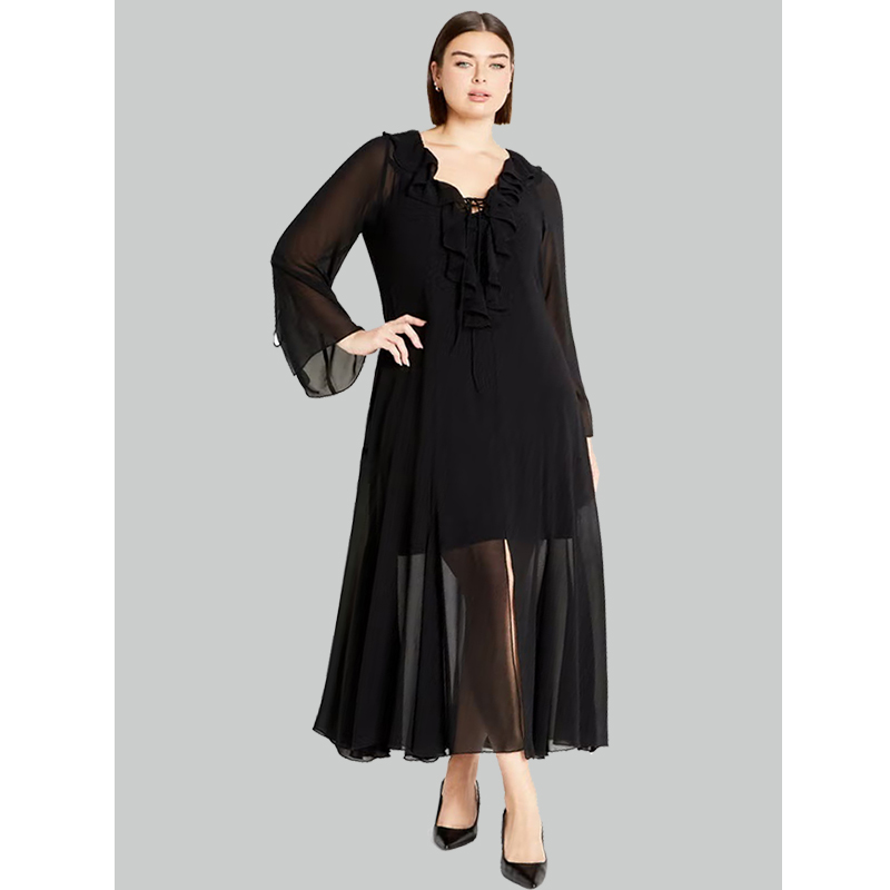 Ruffle Detail Dress Chiffon Maxi Dress a tie bust detail