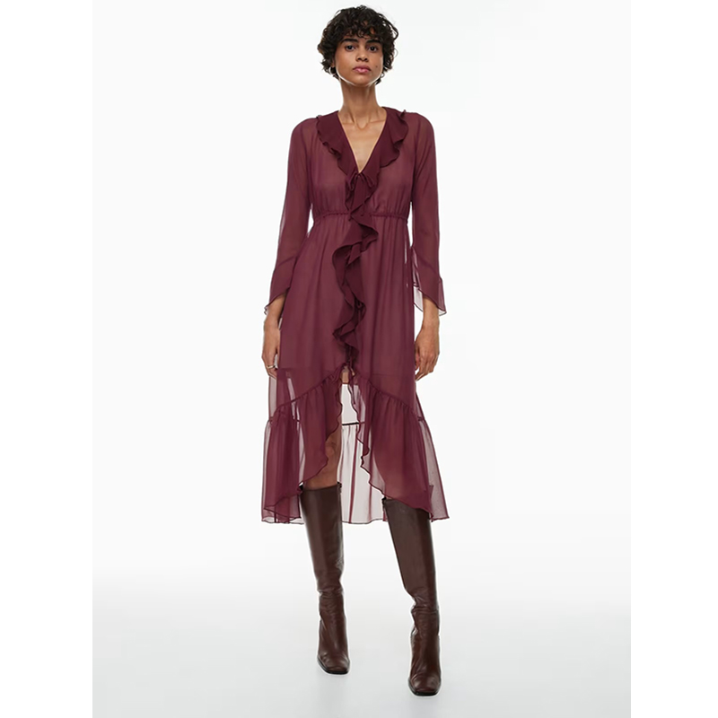 Semi-sheer chiffon maxi dress with ruffle details