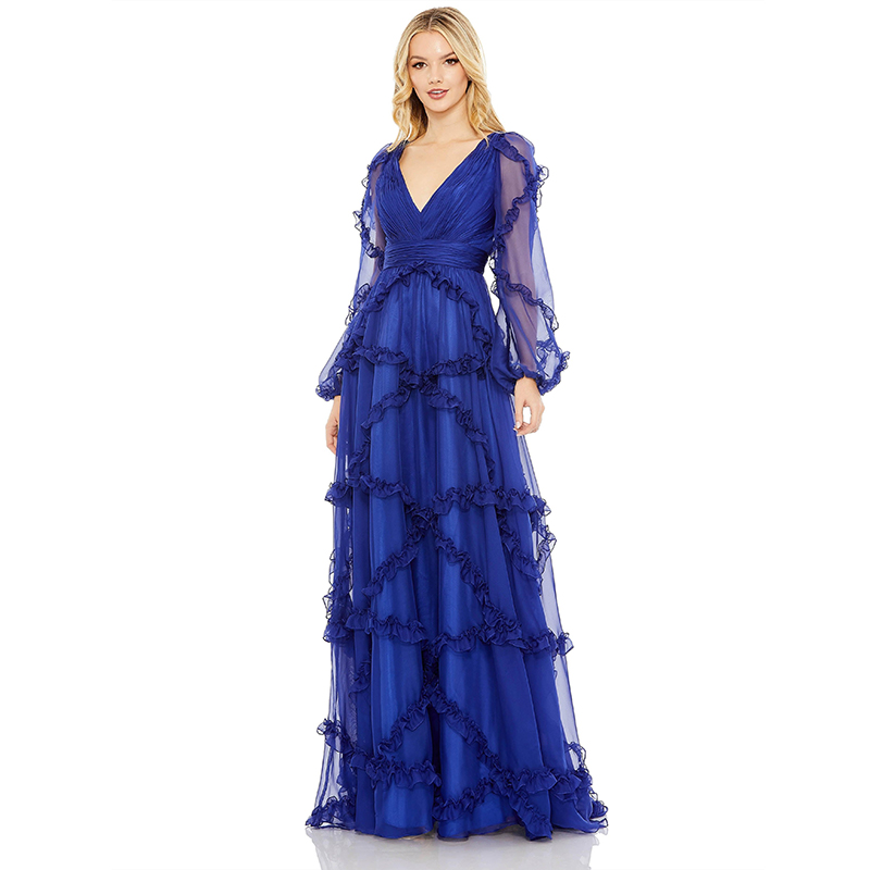 Long Sleeve Formal Chiffon Dress With Ruffles
