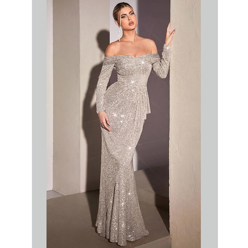 Off shoulder neckline long sleeve sequin maxi dress