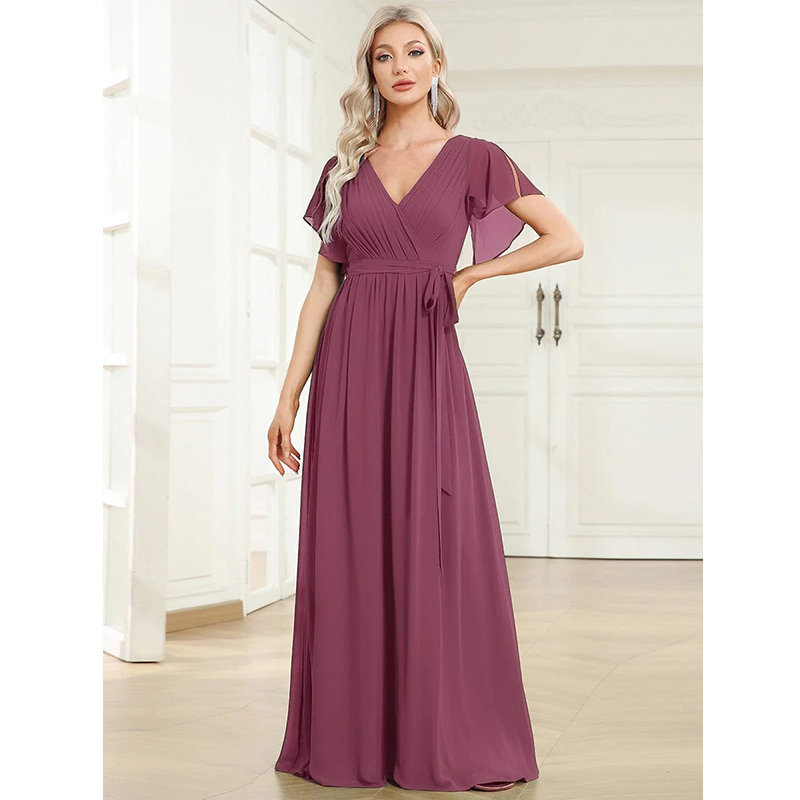 V-Neck Chiffon Pleated Tie-Waist Maxi Dress