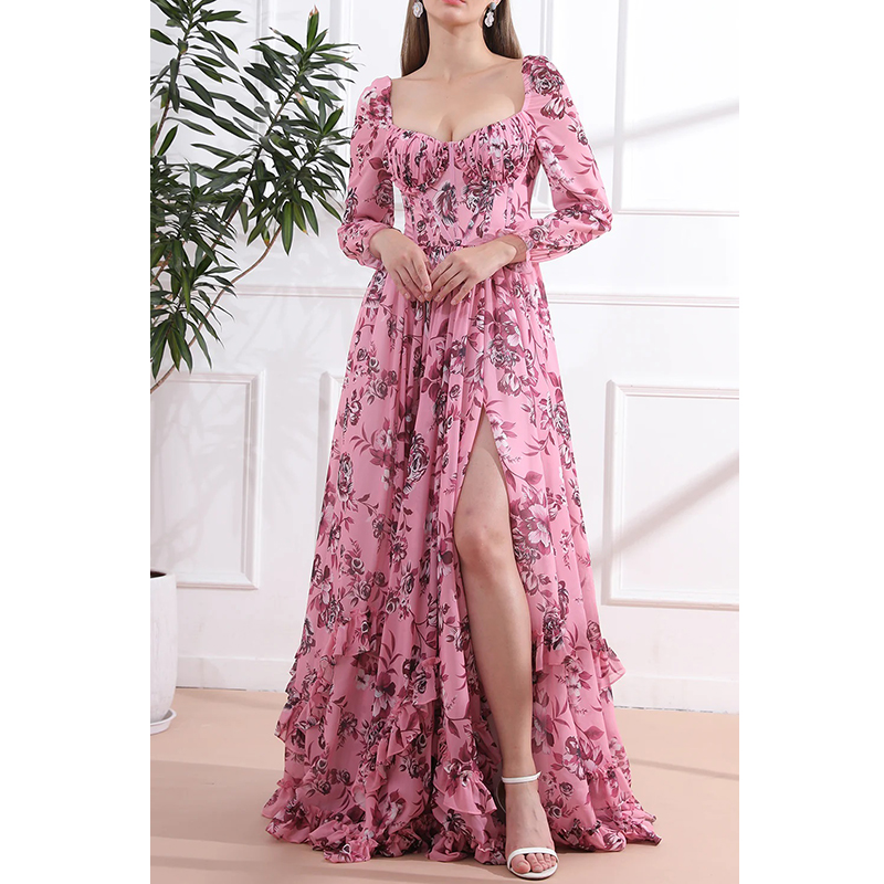 Long Sleeves Corset V Neck Floral Print Chiffon Dress with Side Slit