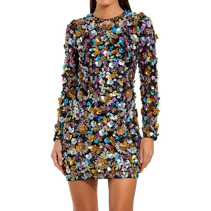 Beaded Sequin Mesh Long Sleeve Mini Dress