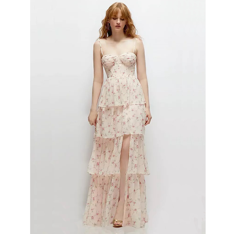 Bustier-style Chiffon Tiered Ruffle Maxi Bridesmaid Dress With Adjustable Straps