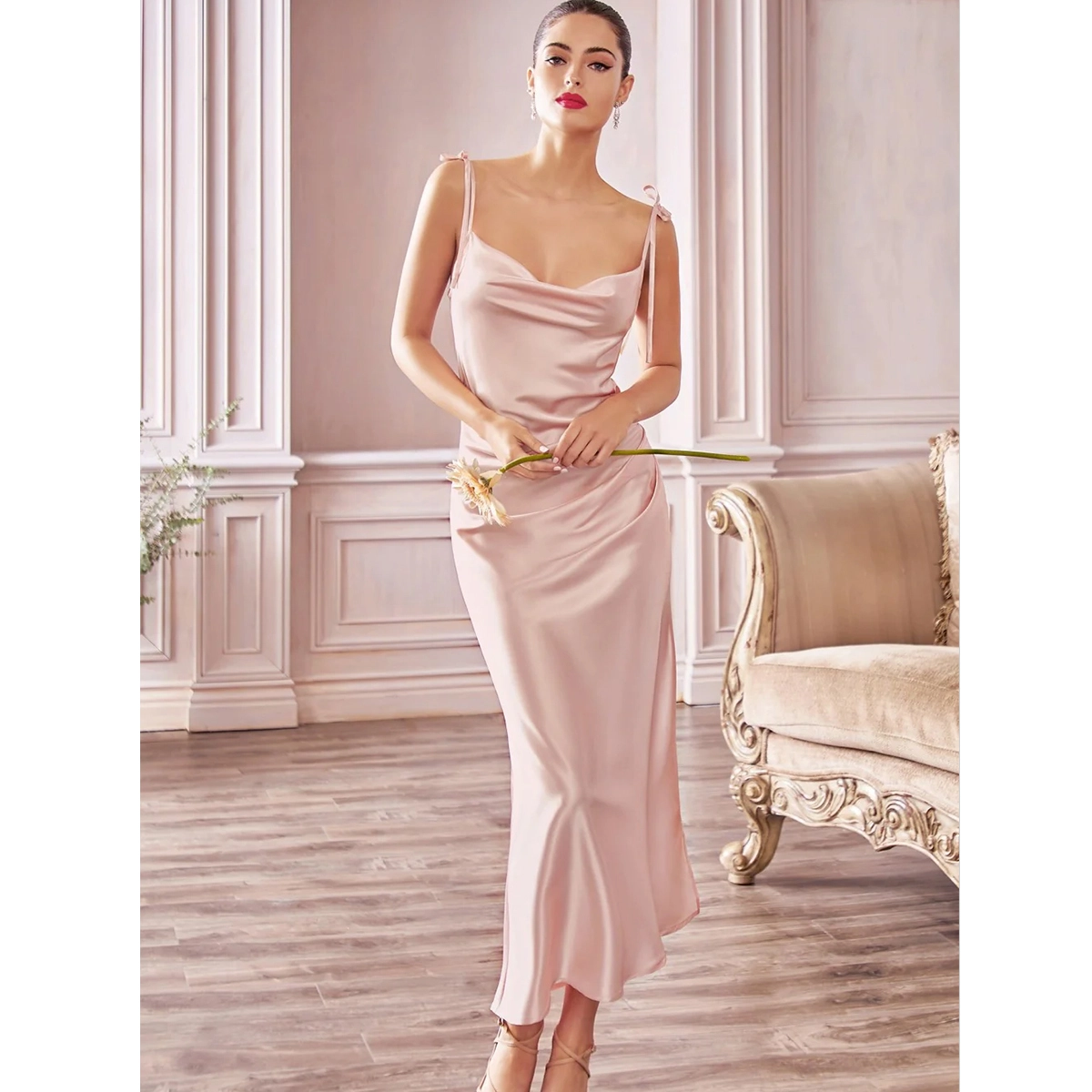 wholesale slip evening dress shoulder straps draped cowl neckline side ruched detailing satin midi length