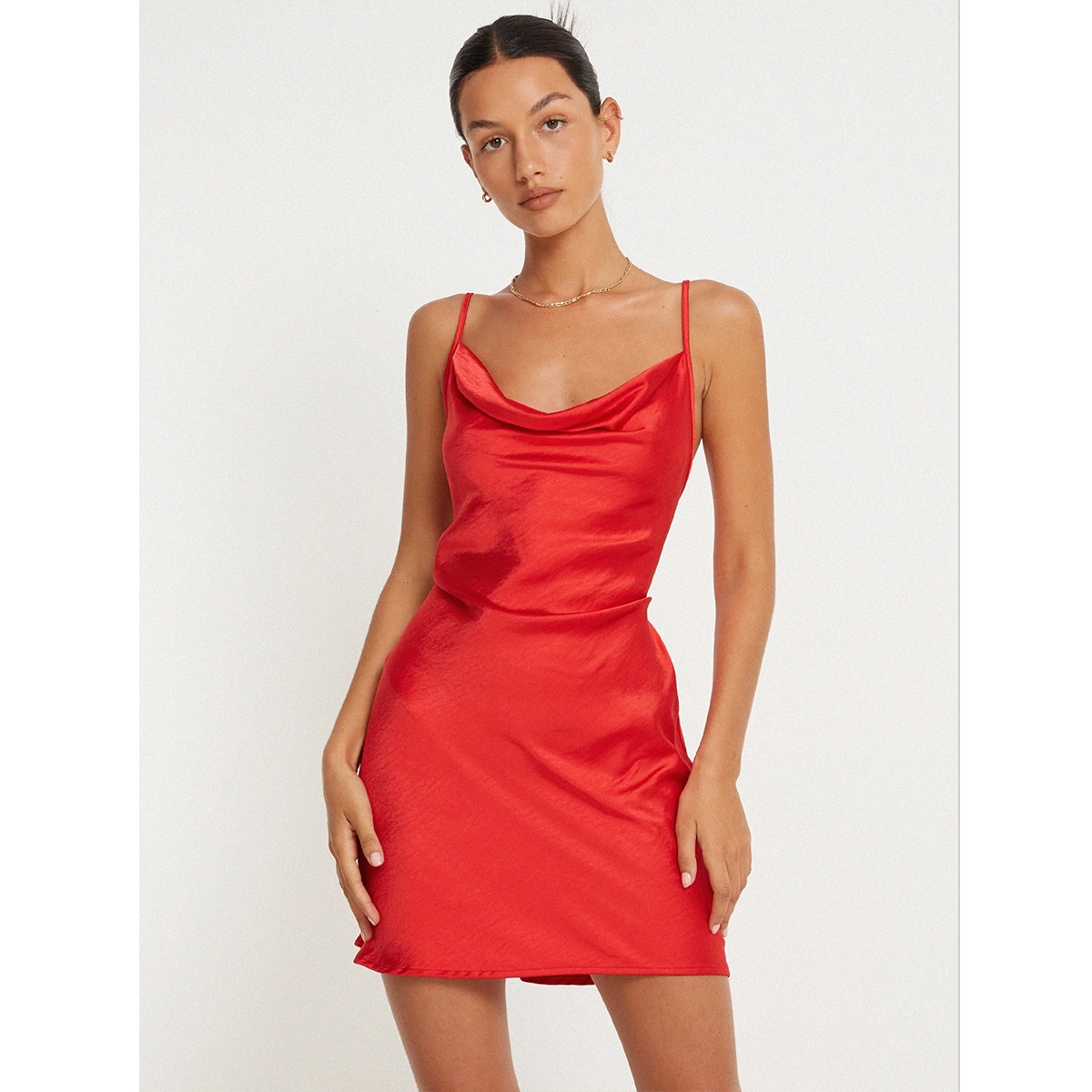 red slip dress thin straps draped cowl neckline satin slim-fit mini-length