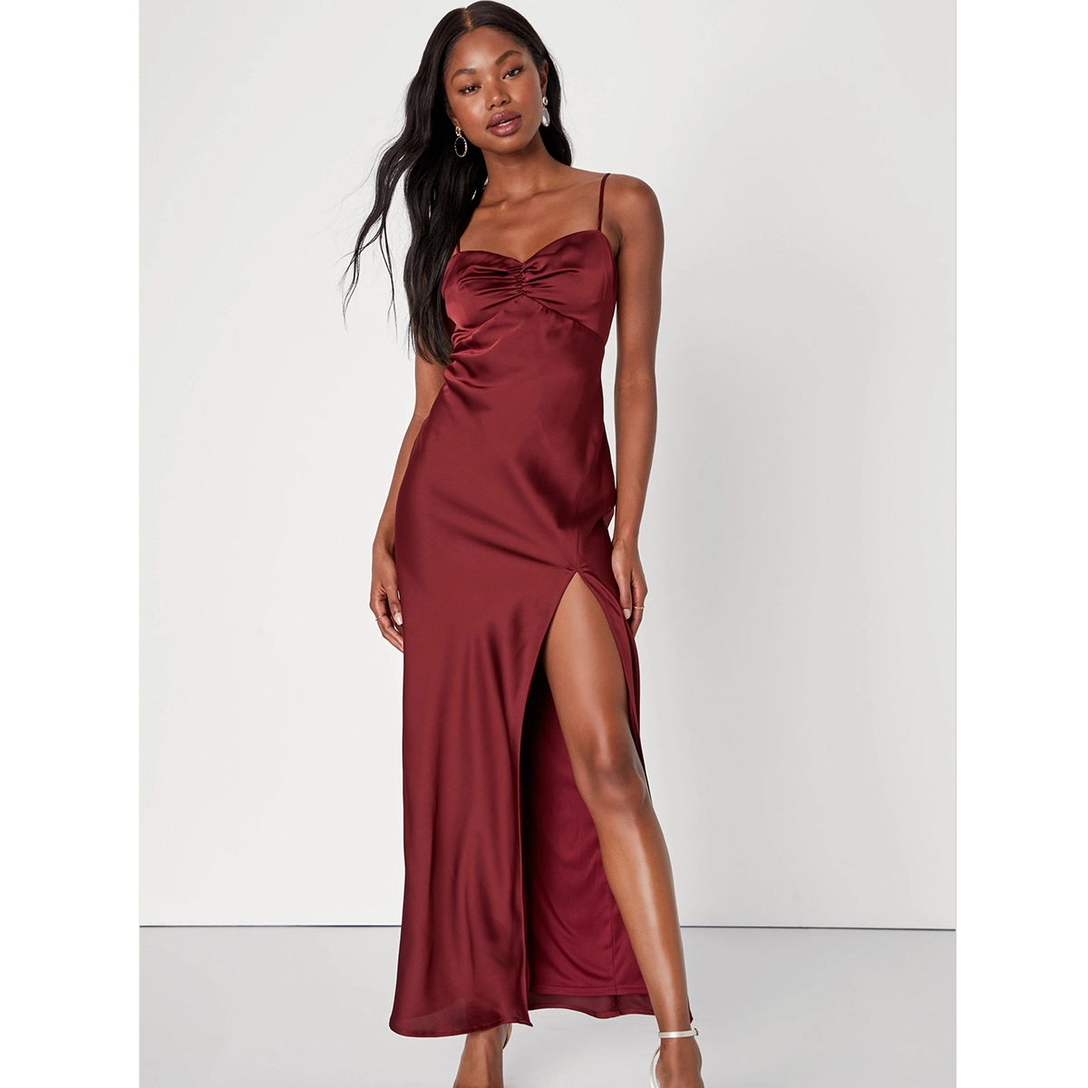 maxi slip dress thin straps ruched bust burgundy satin high front slit floor-length