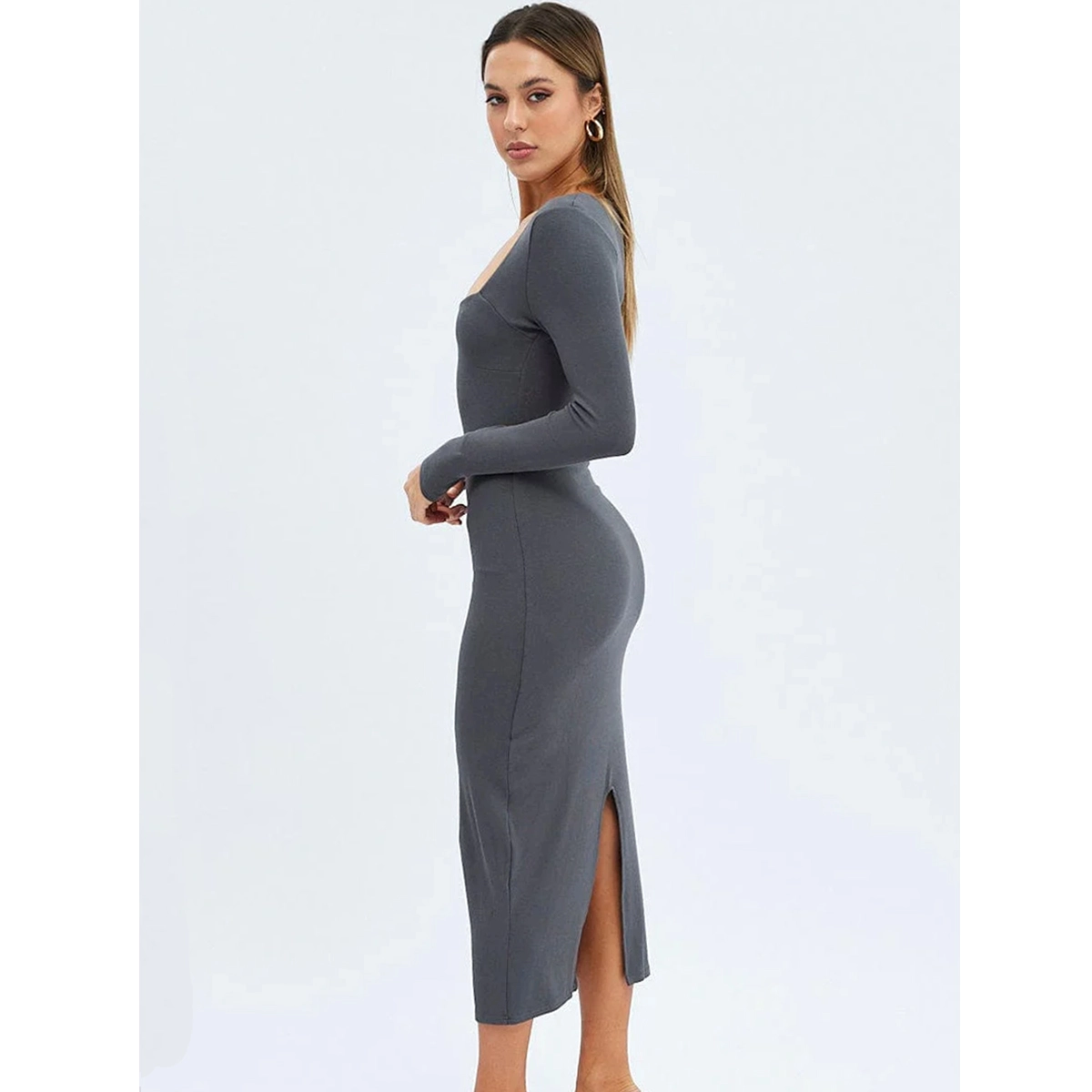 Long sleeve bodycon dress developed for autumn winter collections and bulk garment manufacturing