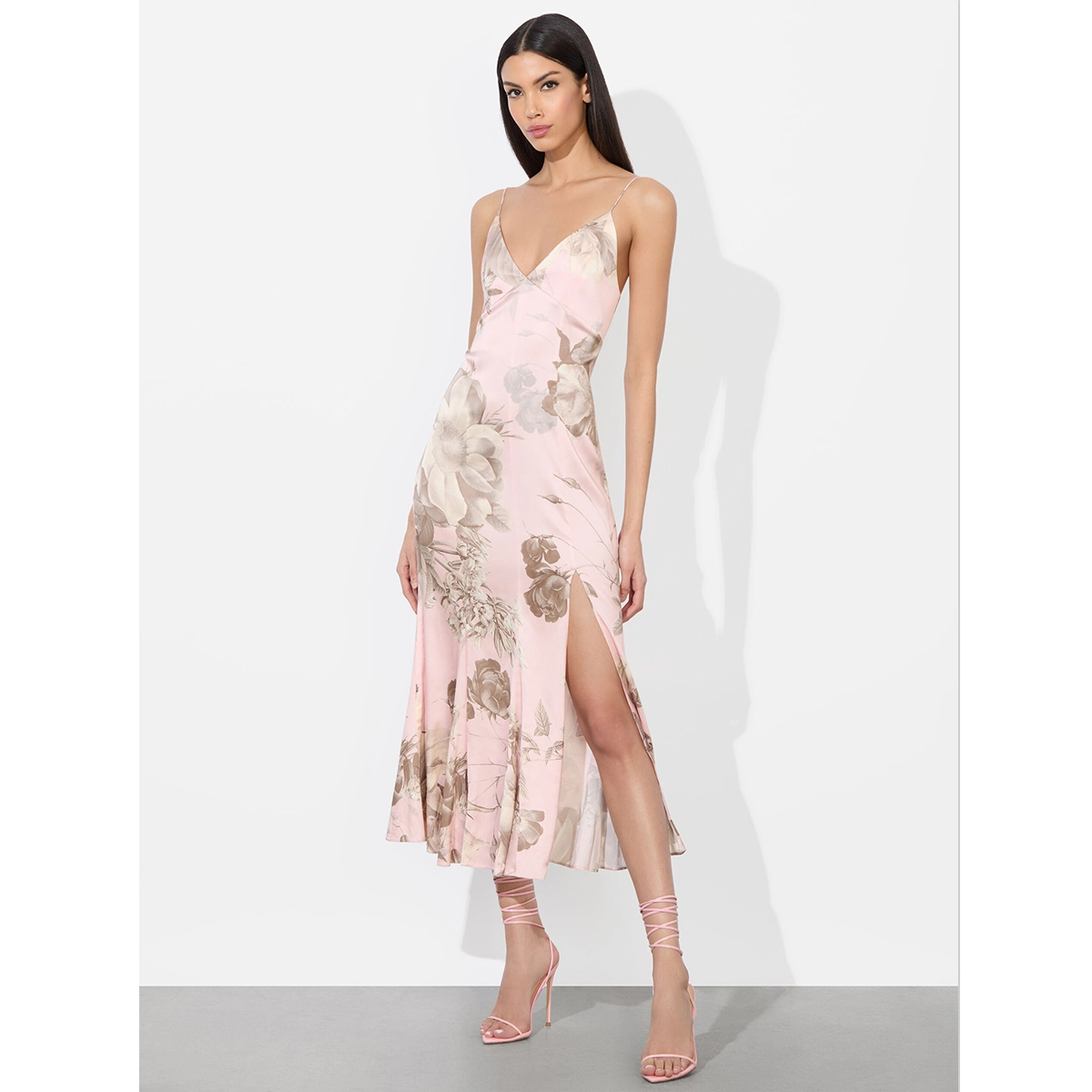 midi slip dress thin spaghetti straps deep v-neckline pink floral satin high side slit