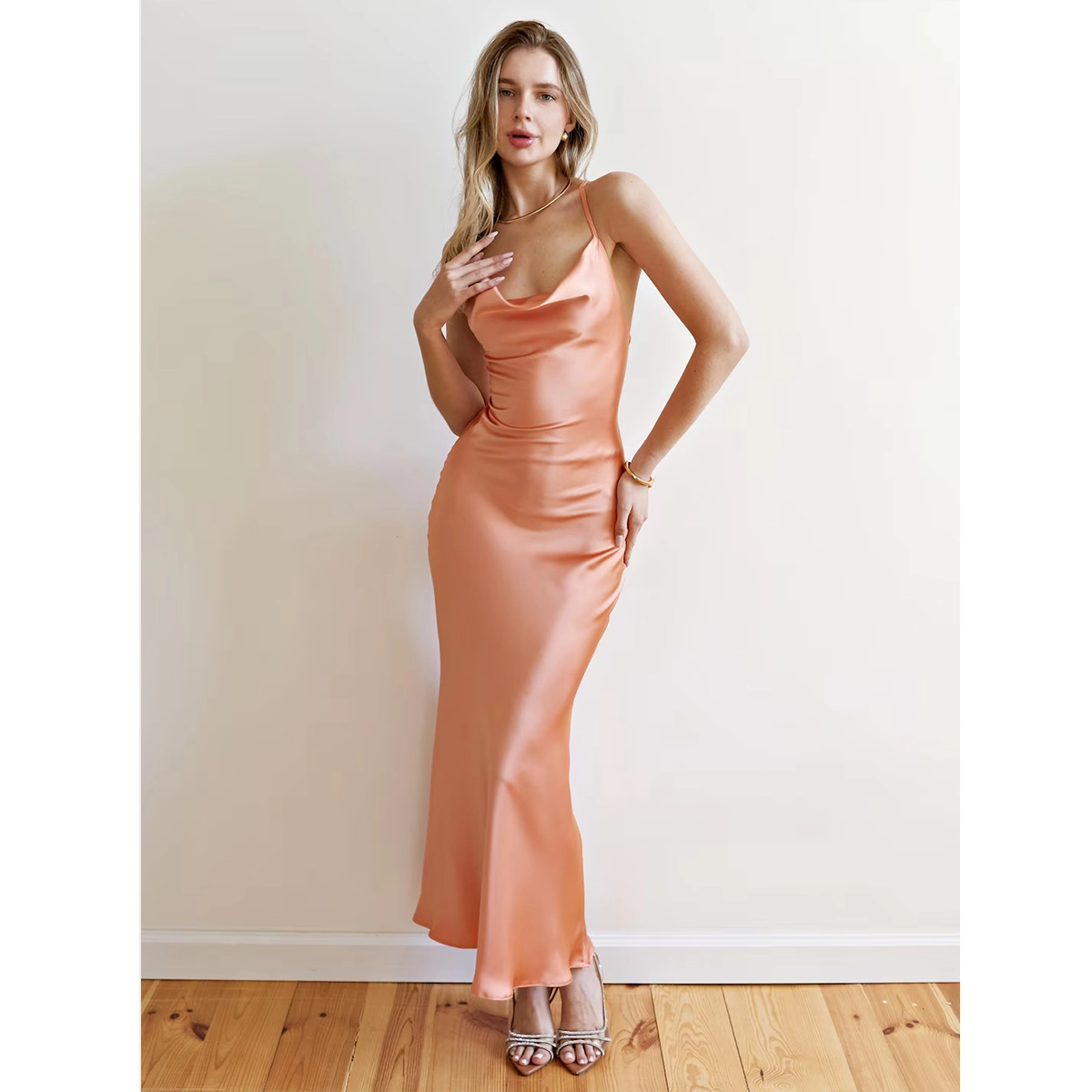 satin slip cocktail dress cowl neckline backless design maxi-length silhouette