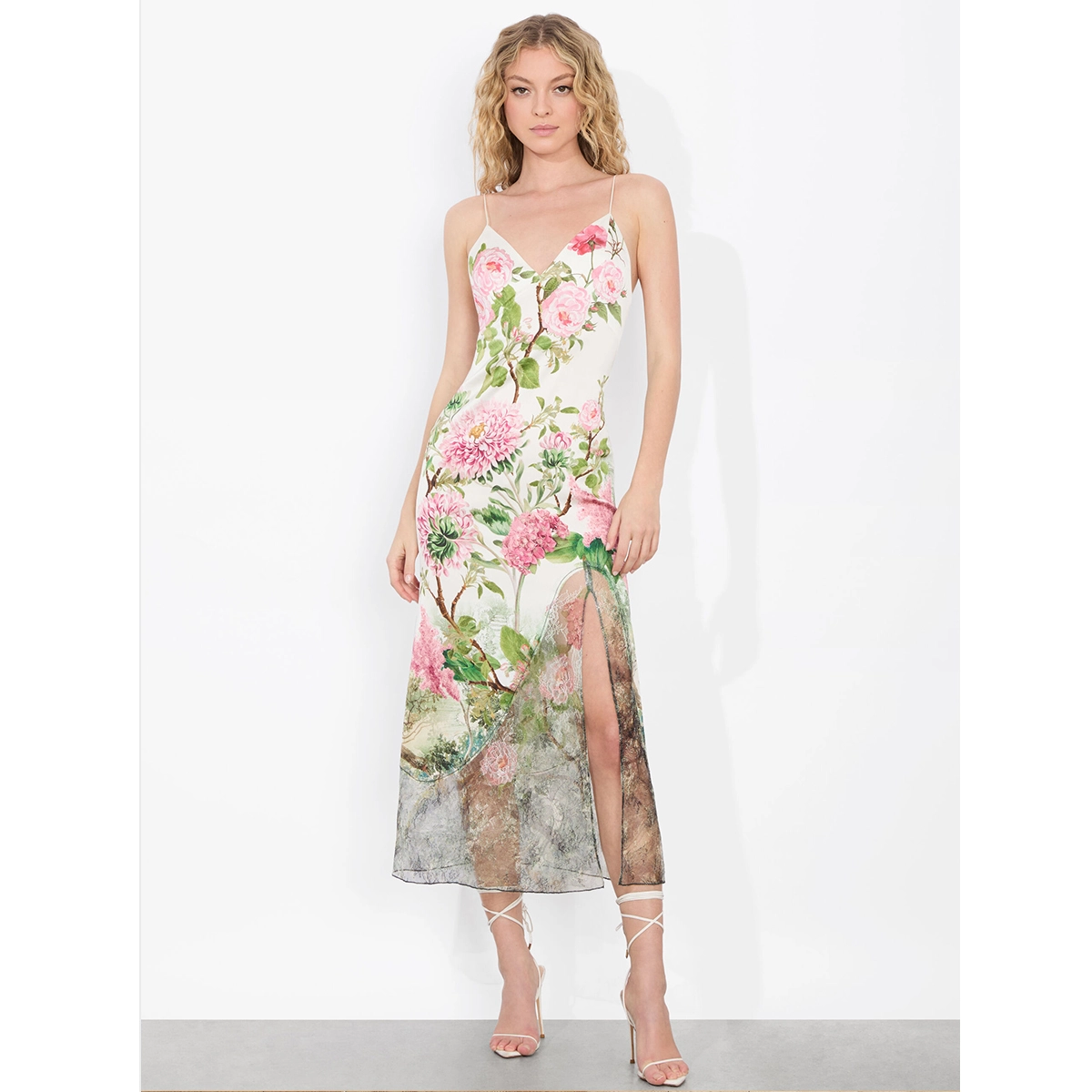 floral slip dress thin spaghetti straps vintage floral print midi-length silhouette