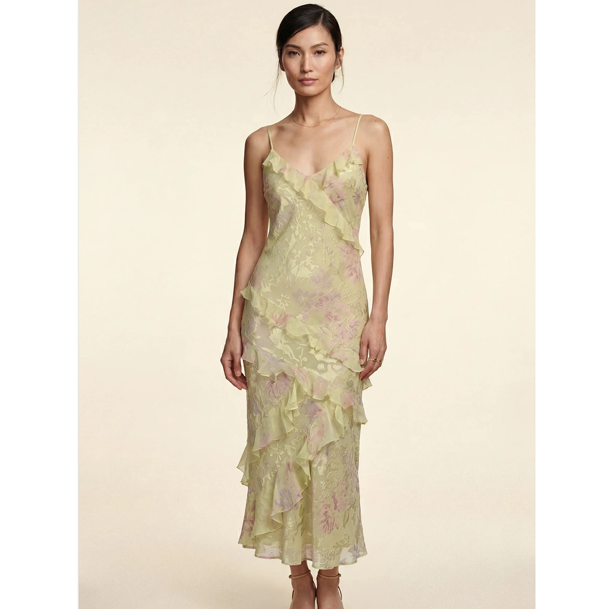 floral sleeveless slip dress v-neckline layered ruffle trim flowy chiffon midi-length silhouette