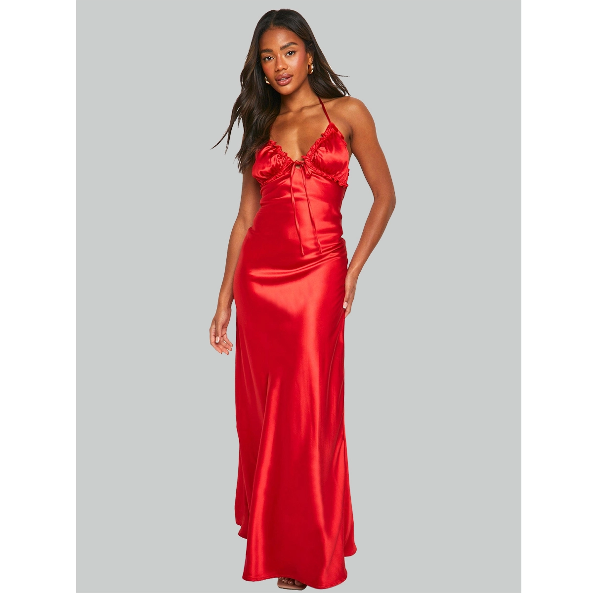 bright red satin formal slip maxi dress ruffled v-neckline front tie detail