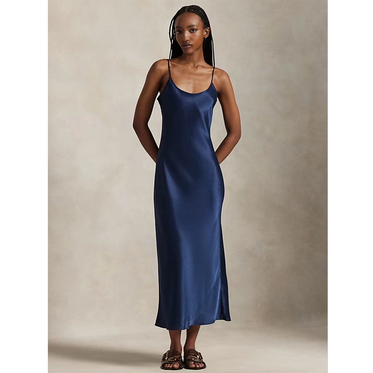 navy slip wedding guest dress scoop neckline thin straps bias-cut satin midi silhouette
