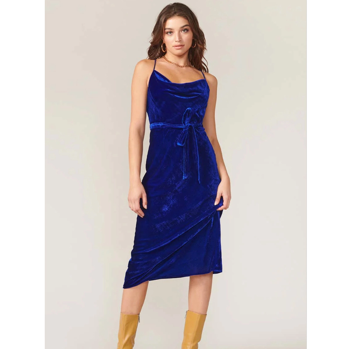 royal blue velvet slip dress cowl neckline self-tie waist asymmetrical hem