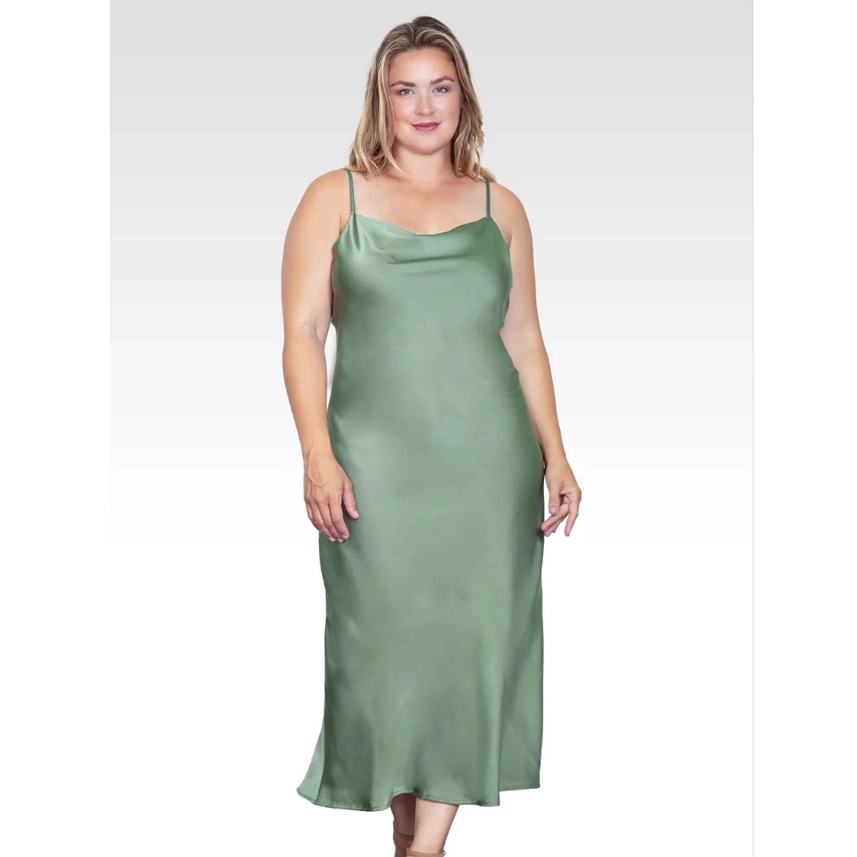 sage green plus size slip dress thin straps cowl neckline loose flowy silhouette
