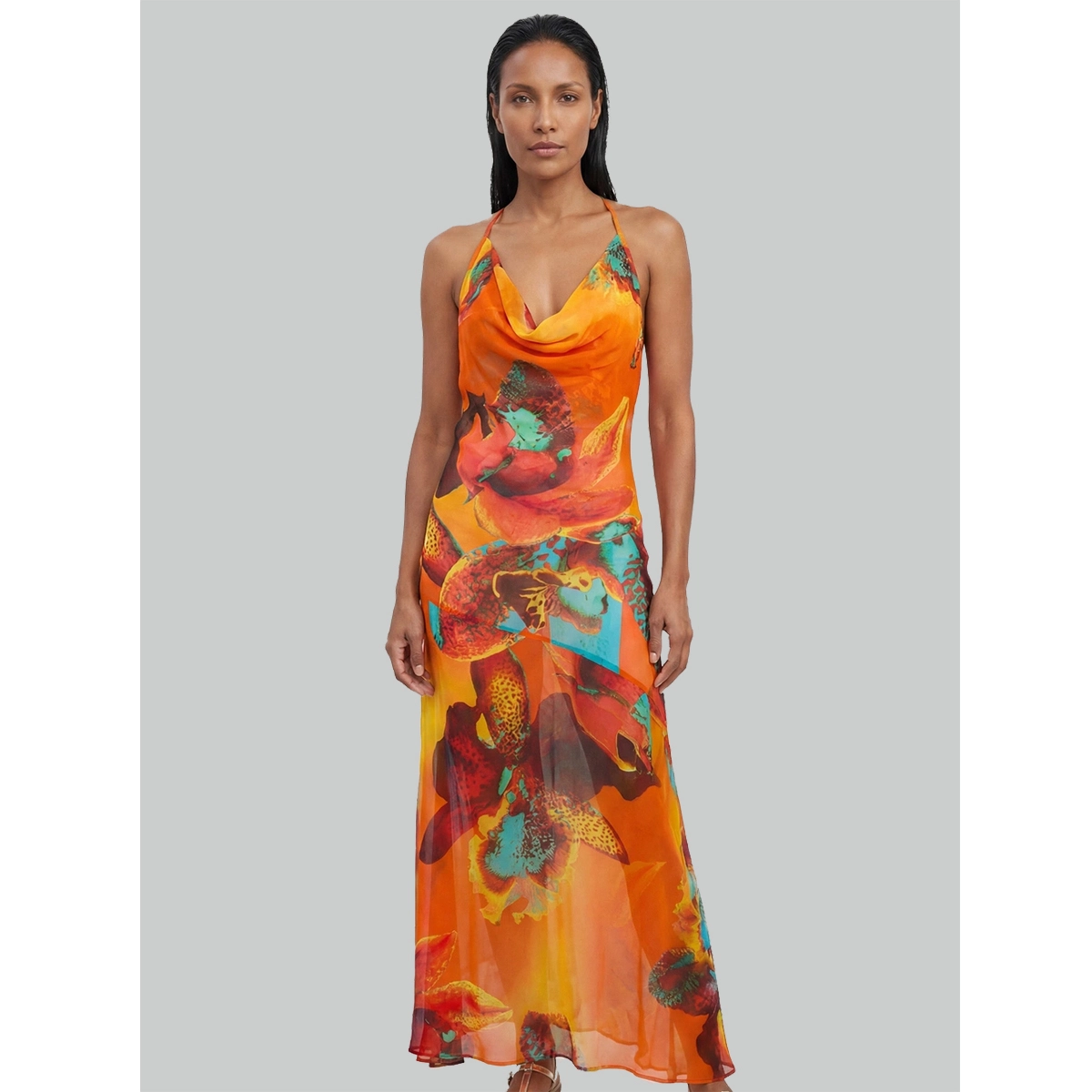 printed slip beach dress cowl halter neckline lightweight sheer chiffon fabric