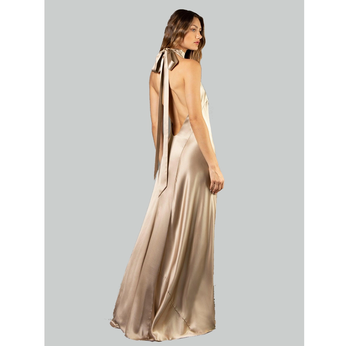 backless dress halter neckline champagne silk satin floor-length silhouette