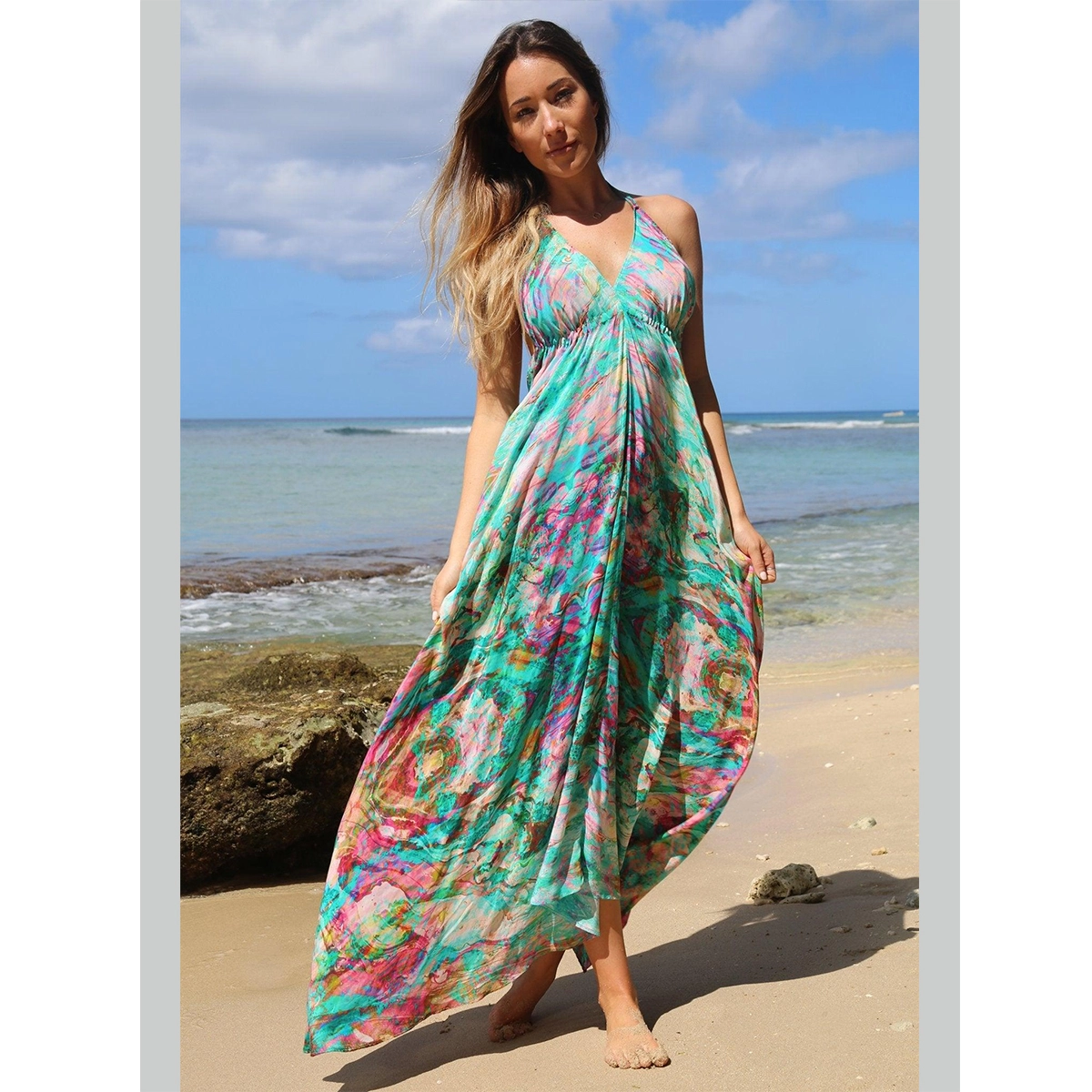 printed silk beach dress halter deep v-neckline loose flowy hem