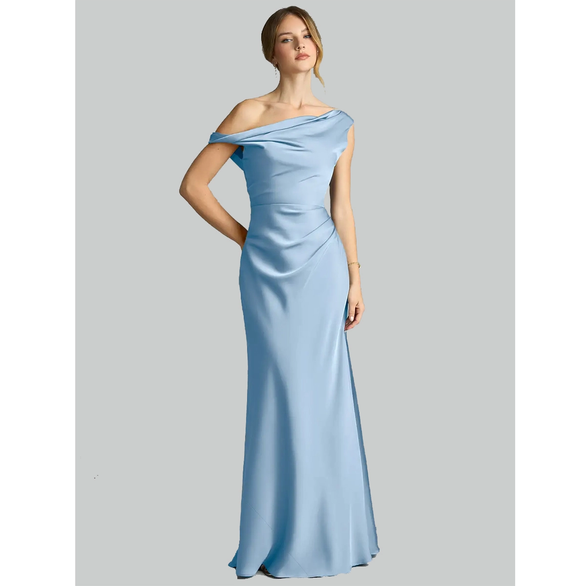 blue silk dress draped neckline side ruched waist slim-fit mermaid floor-length skirt