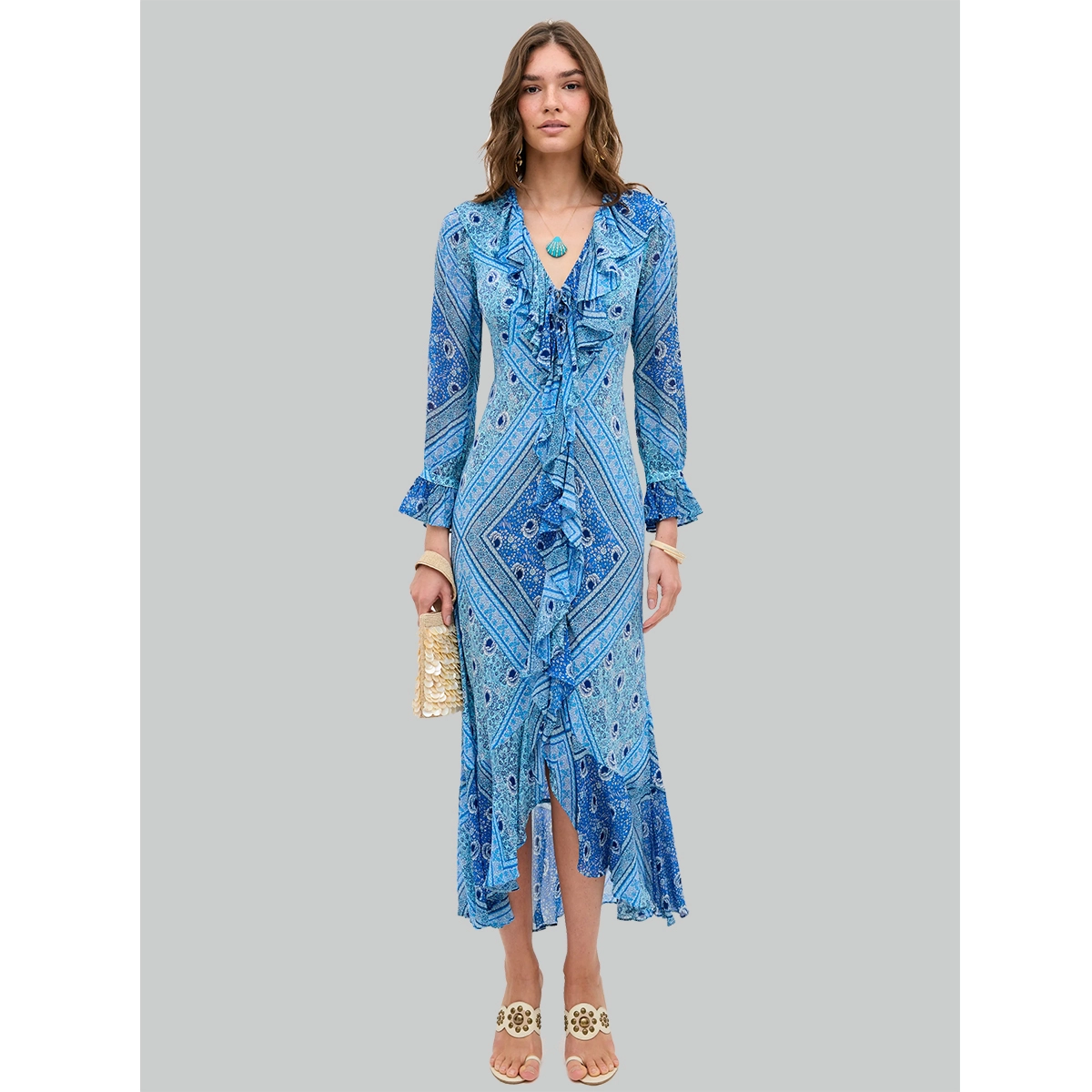 silk boho dress long sleeve v-neckline ruffle front blue geometric print split ruffle midi skirt