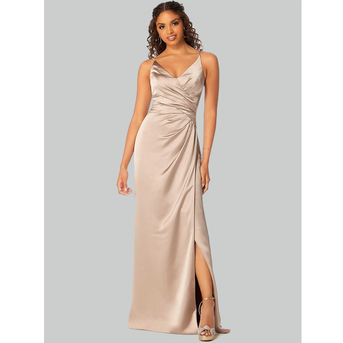 silk bridesmaid maxi dress thin straps deep v-neckline twisted ruched waist flowing maxi-length silhouette