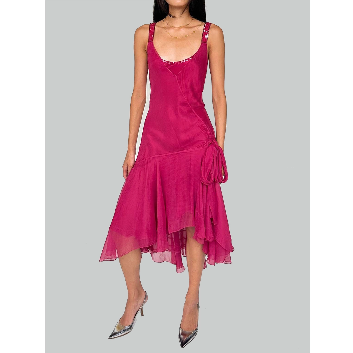 red silk fairy dress side drawstring tie sheer asymmetric ruffle skirt