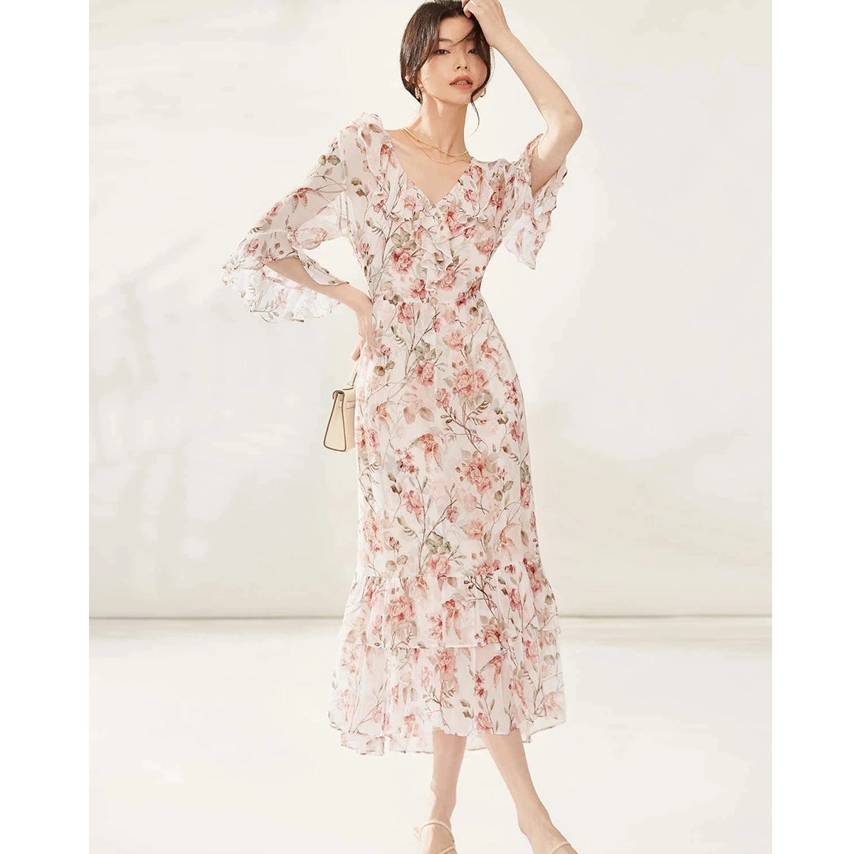 silk floral dress v-neckline three-quarter ruffle sleeves fitted waist layered ruffle hem