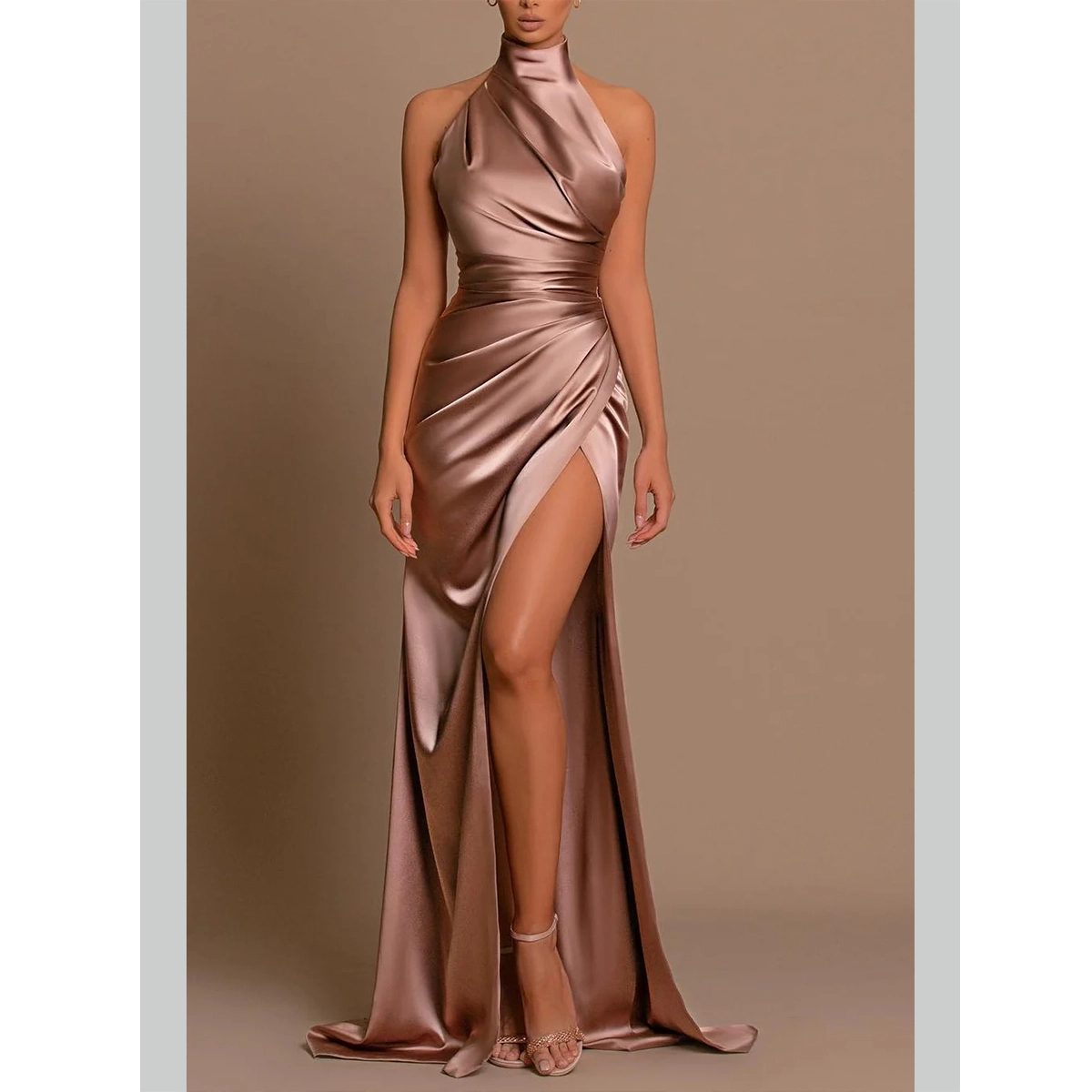 elegant mauve silk satin halter dress high neckline ruched waist slim-fit floor-length high thigh slit