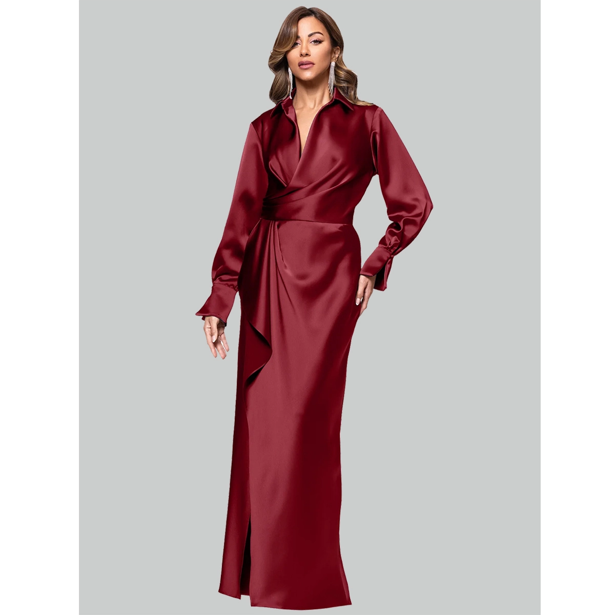 burgundy silk satin long sleeve dress collar draped waist floor-length slim side slit