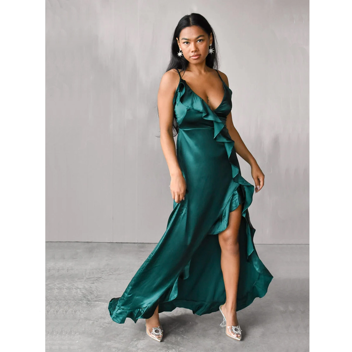 luxury silk Dress with ruffle side-slit spaghetti strap