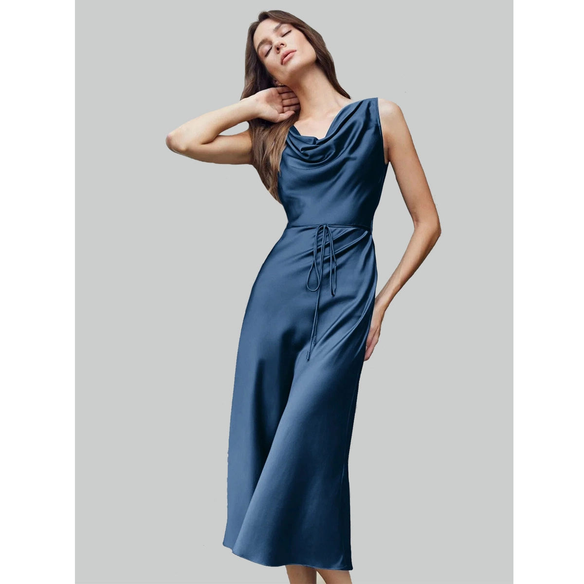 sleeveless navy silk midi dress draped cowl neckline drawstring waist midi-length silhouette