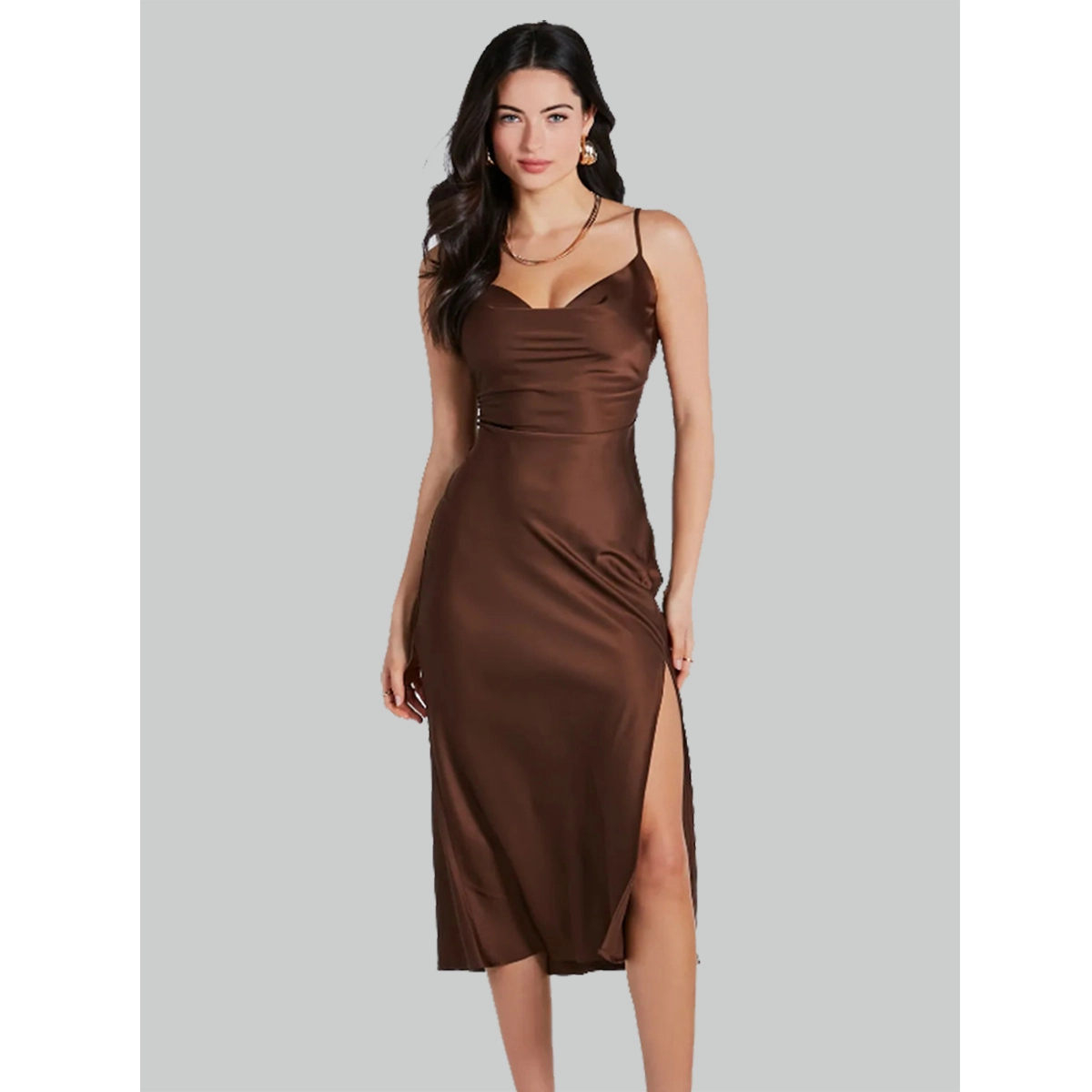 silk satin midi dress thin spaghetti straps cowl neckline