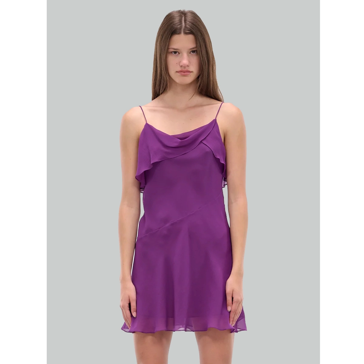 silk chiffon mini dress thin spaghetti straps ruffled cowl neckline lightweight flared hem