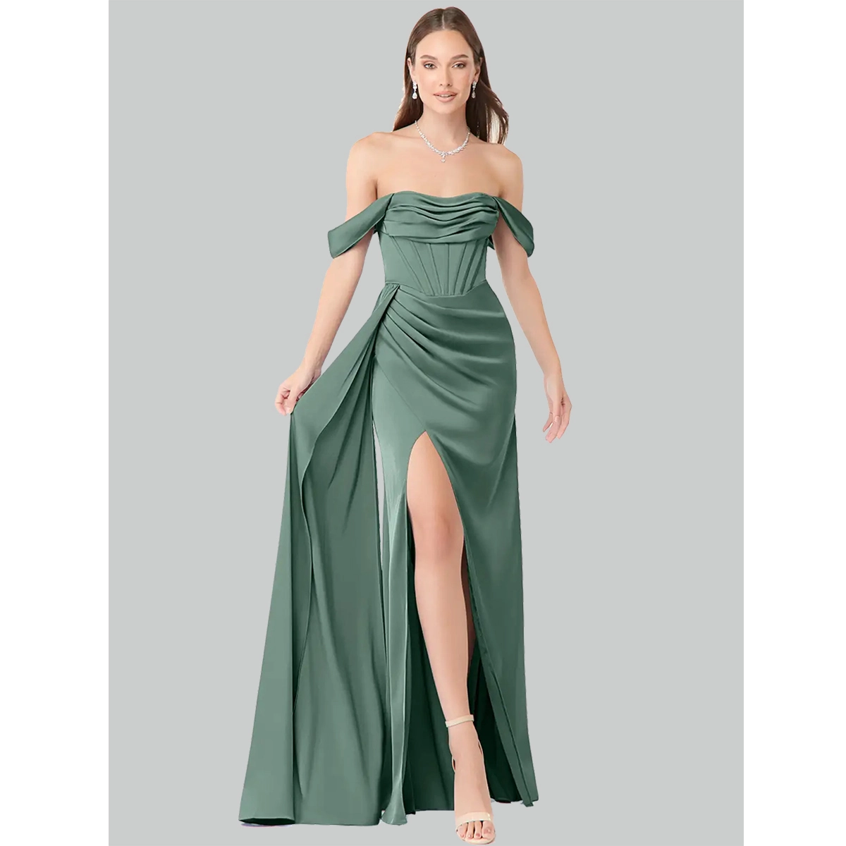 silk off-shoulder dress corset ruched bodice draped sash high slit satin maxi gown